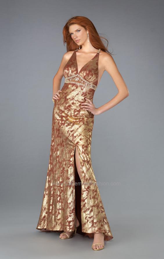 Picture of: V Neck Prom Dress with Empire Waist and Open Back in Gold, Style: 13191, Main Picture