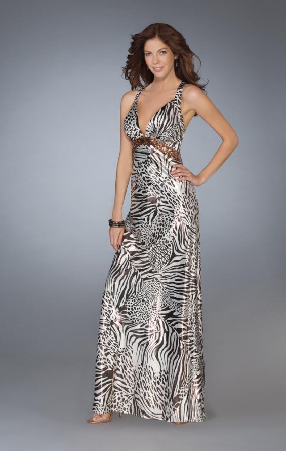 Picture of: Printed Low V Neckline Prom Dress with Criss Cross Back in Multi, Style: 13409, Main Picture