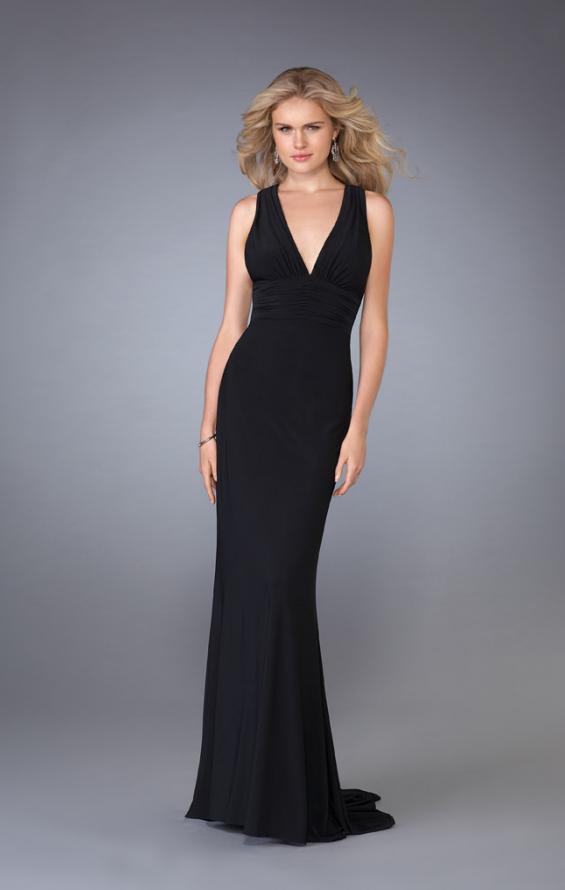 Picture of: Long V Neck Prom Gown with Ruched Waistband in Black, Style: 13442, Main Picture