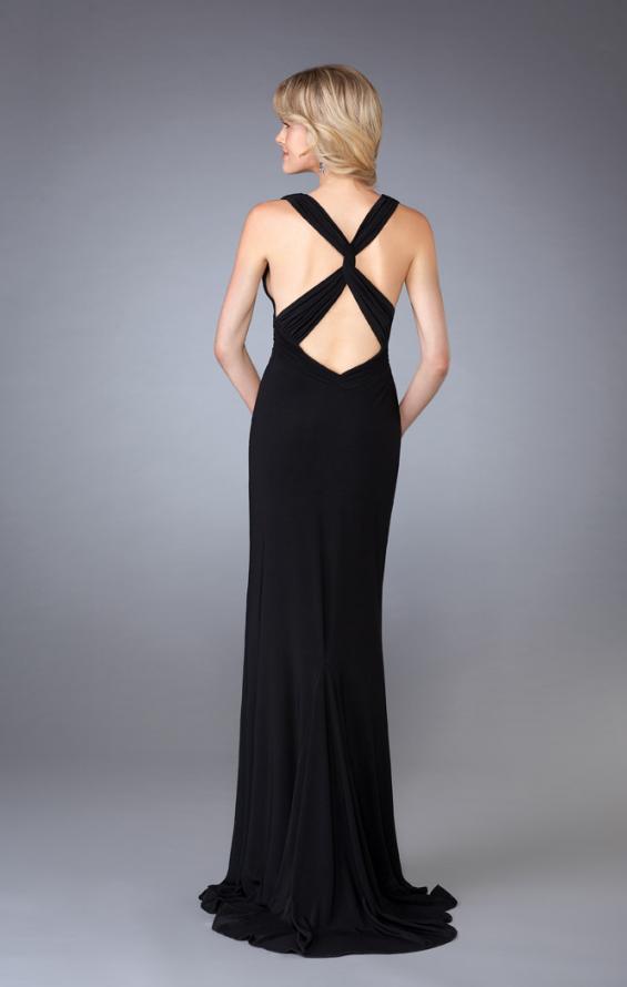 Picture of: Long V Neck Prom Gown with Ruched Waistband in Black, Style: 13442, Back Picture