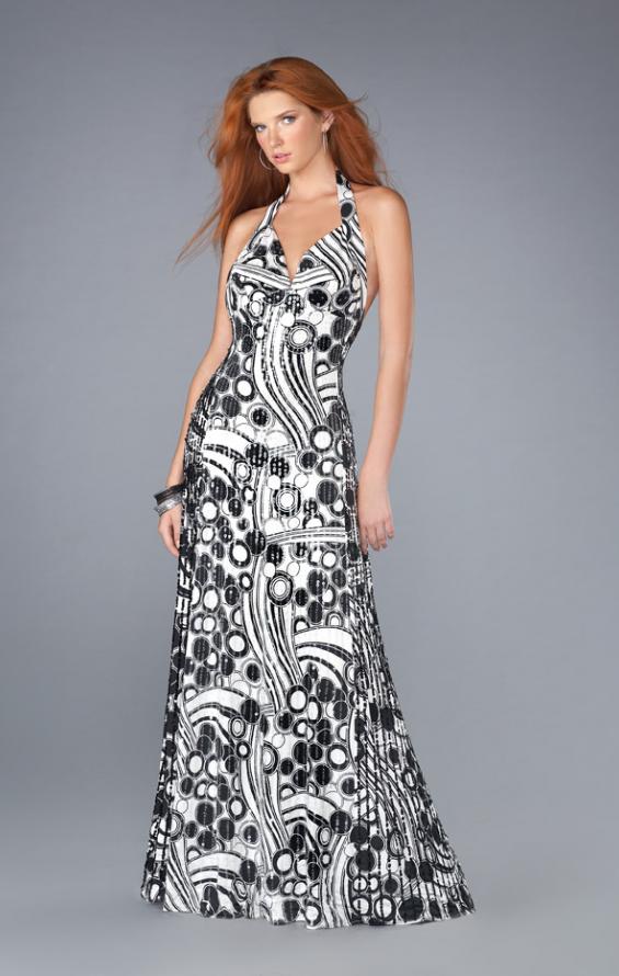 Picture of: Printed Halter Prom Dress with Low Scoop Back in Black White, Style: 13458, Main Picture