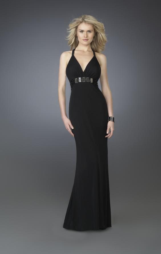 Picture of: V Neck Prom Dress with Beaded Belt and Low Back in Black, Style: 14153, Main Picture
