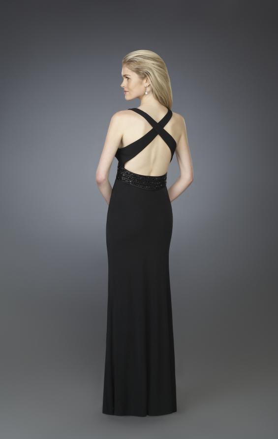Picture of: V Neck Prom Dress with Beaded Belt and Low Back in Black, Style: 14153, Back Picture