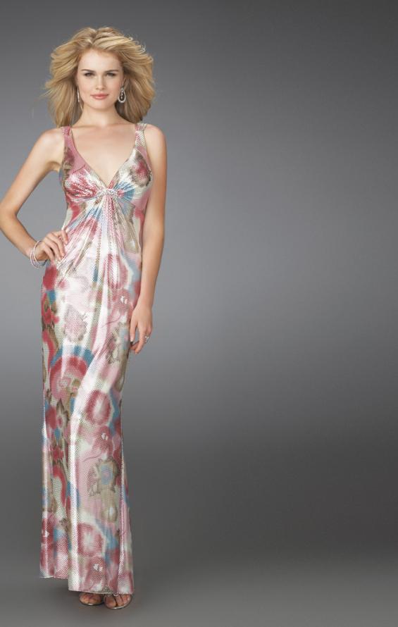 Picture of: Long Printed V Neck Gown with Criss Cross Back in Multi, Style: 14441, Main Picture