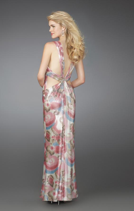 Picture of: Long Printed V Neck Gown with Criss Cross Back in Multi, Style: 14441, Back Picture