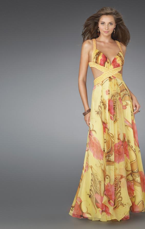 Picture of: Long Printed Prom Gown with Cut Outs and Open Back in Yellow, Style: 14529, Main Picture