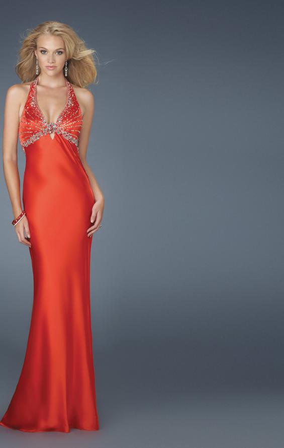Picture of: Beaded Bodice Low V Neck Halter Prom Dress in Red, Style: 14568, Main Picture