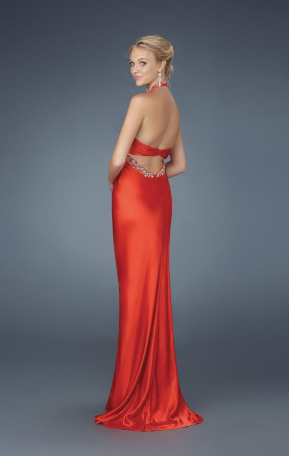Picture of: Beaded Bodice Low V Neck Halter Prom Dress in Red, Style: 14568, Back Picture