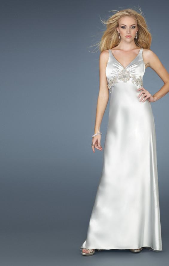 Picture of: Long Prom Dress with V Neckline and Empire Waist Belt in White, Style: 14710, Main Picture