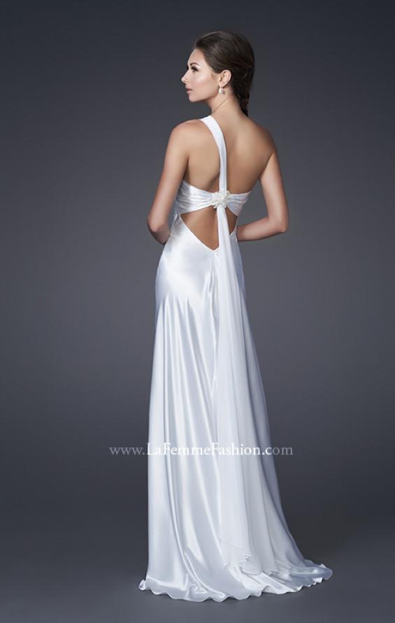 Picture of: One Shoulder Satin Gown with Broach and Train in White, Style: 15102, Back Picture
