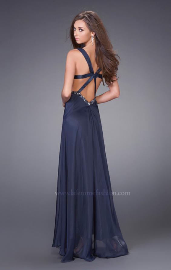 Picture of: Chiffon Dress with Twisted Bodice and Star Cut Out Back in Navy, Style: 15148, Back Picture