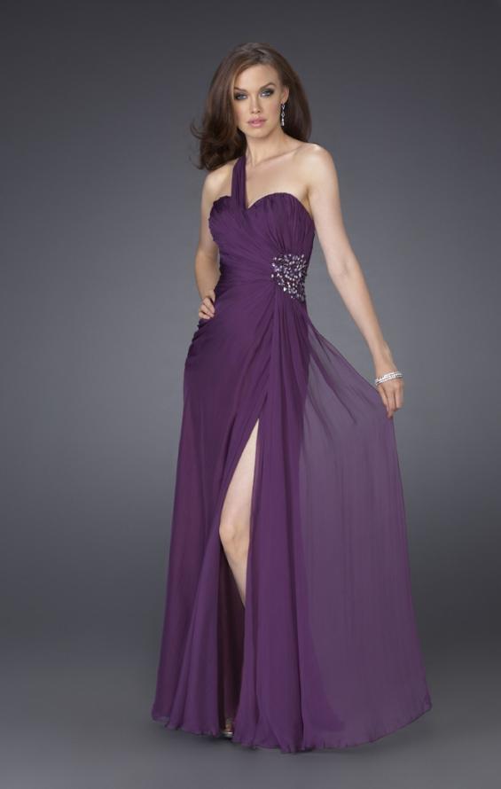Picture of: One Shoulder Gown with Ruched Bodice and Beading in Purple, Style: 15247, Main Picture