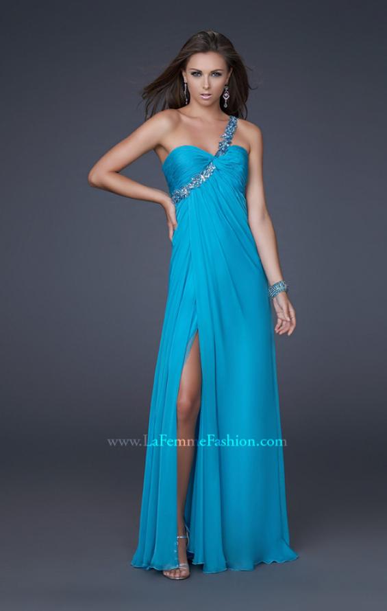Picture of: Ruched Bust Gown with Floral Strap and Slit in Blue, Style: 15361, Detail Picture 1