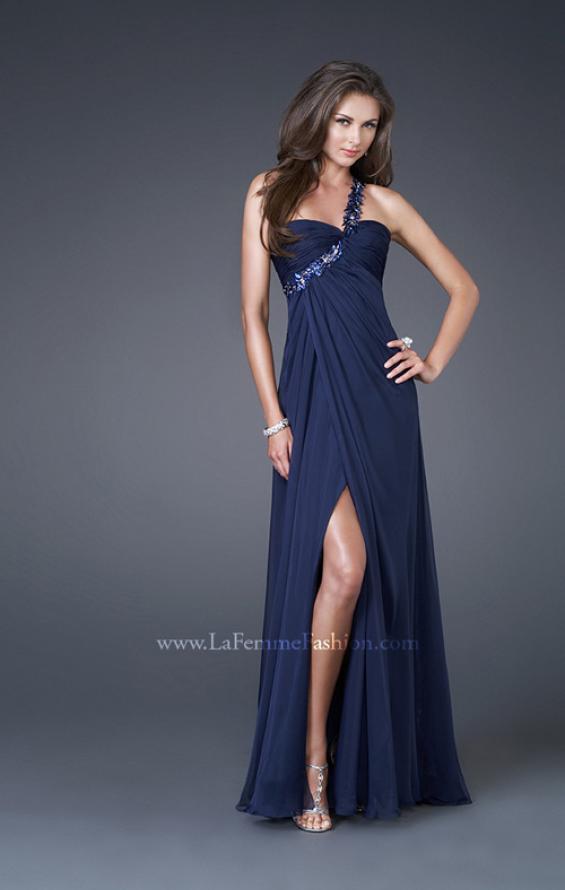 Picture of: Ruched Bust Gown with Floral Strap and Slit in Navy, Style: 15361, Detail Picture 4