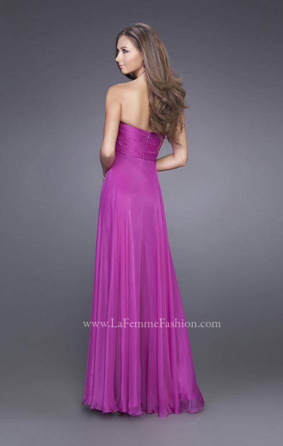 Picture of: Strapless Chiffon Dress with Crystal Broach and Ruching in Purple, Style: 15720, Back Picture
