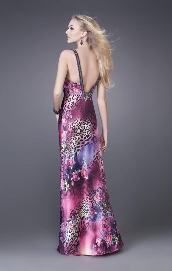 Picture of: Leopard Print Floral Satin Gown with Beaded Straps in Pink, Style: 15734, Back Picture