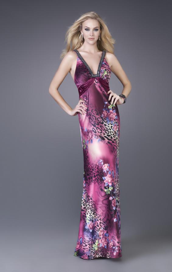 Picture of: Leopard Print Floral Satin Gown with Beaded Straps in Pink, Style: 15734, Detail Picture 1
