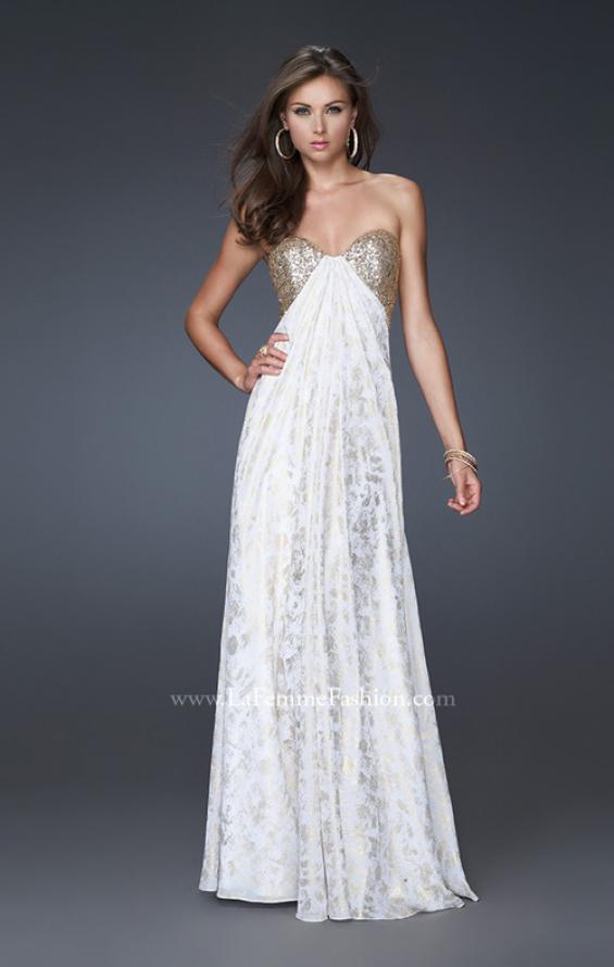Picture of: Long Printed Strapless Prom Gown with Sequins in White, Style: 15991, Main Picture
