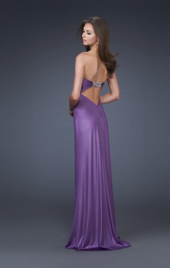 Picture of: Sweetheart Neckline Pleated Gown with Crystal Brooch in Purple, Style: 16087, Back Picture