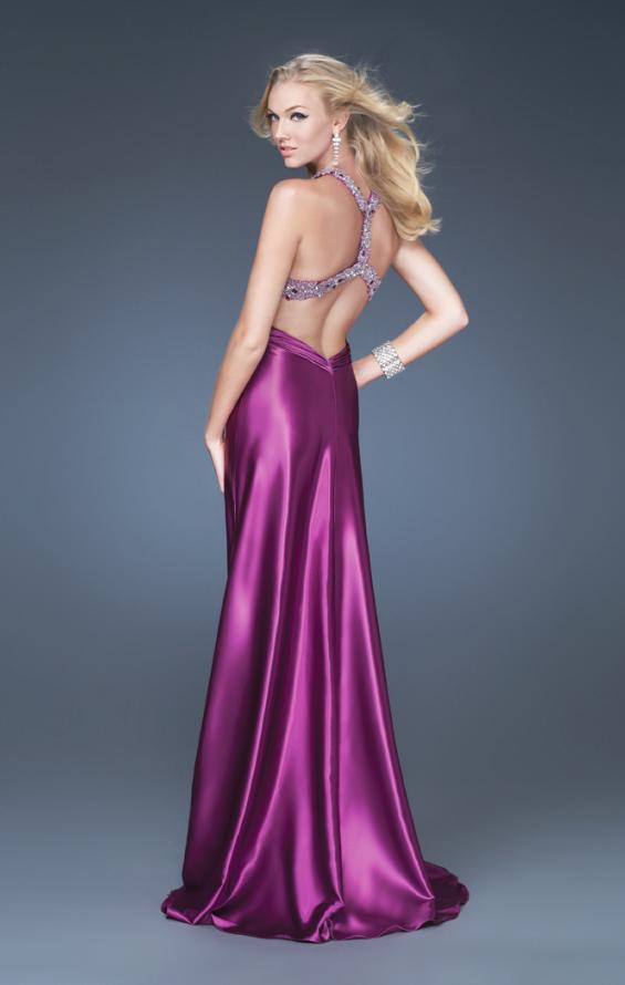 Picture of: Satin A-line Dress with Beaded Halter Straps and Train in Purple, Style: 16110, Back Picture