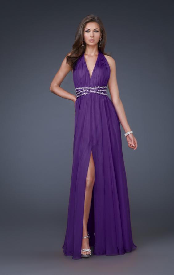 Picture of: Deep V Neck Halter Chiffon Dress with Beaded Detail in Purple, Style: 16147, Main Picture