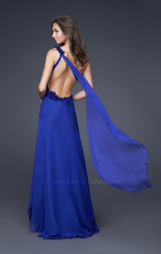 Picture of: Long One Shoulder Ruched Chiffon Gown with Ruffles in Blue, Style: 16391, Back Picture