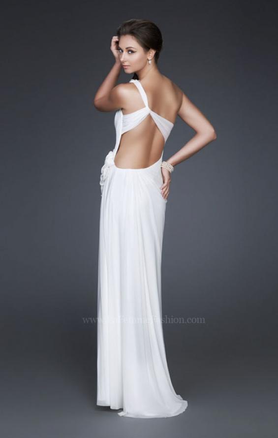 Picture of: One Shoulder Pleated Net Gown with Floral Detail and Slit in White, Style: 16759, Back Picture