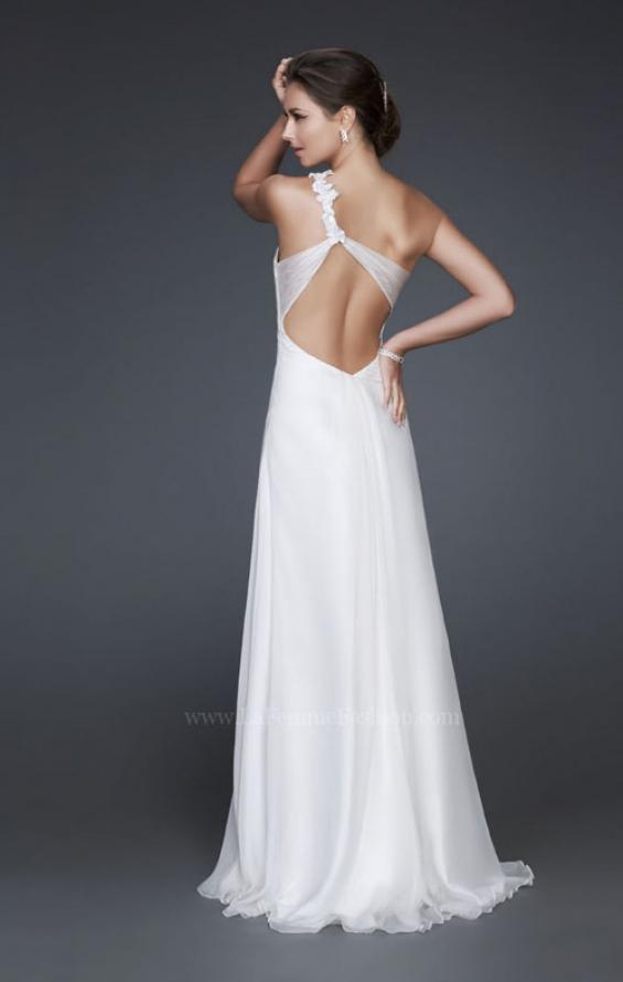 Picture of: Ruched Bust Prom Dress with Beaded Floral Strap in White, Style: 16760, Back Picture