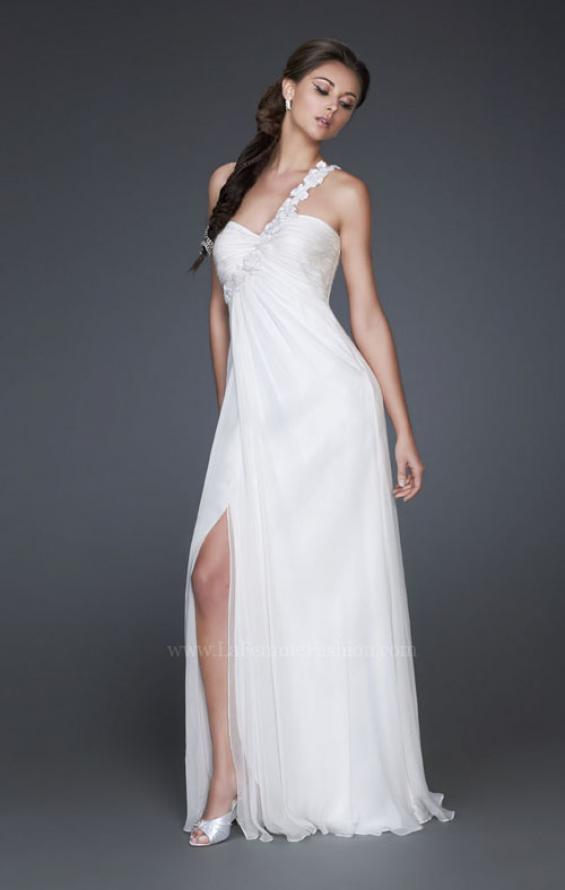 Picture of: Ruched Bust Prom Dress with Beaded Floral Strap in White, Style: 16760, Detail Picture 1