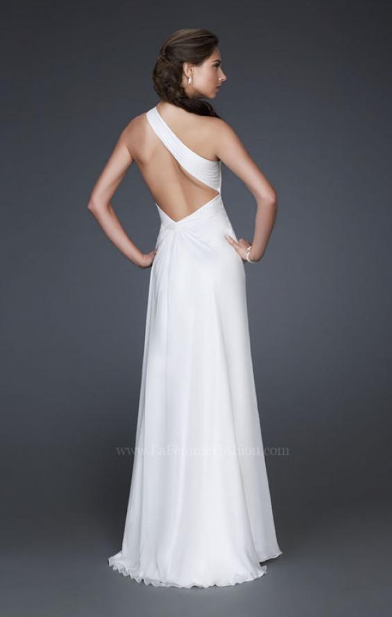 Picture of: One Shoulder Silk Chiffon Gown with Flower Accents in White, Style: 16770, Back Picture