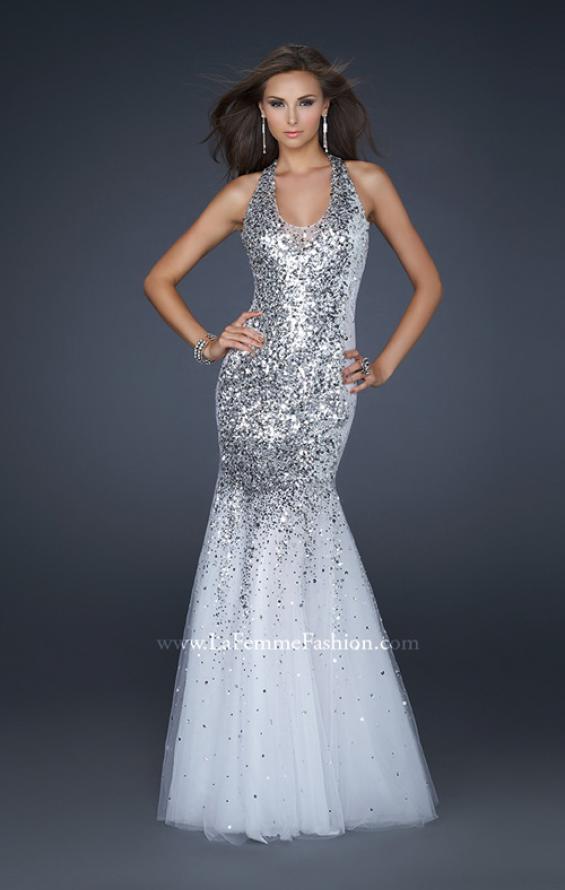 Picture of: Sequined Halter Mermaid Prom Dress with Tulle in White, Style: 16804, Detail Picture 1
