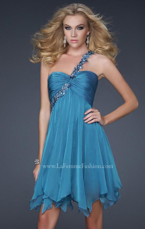 Picture of: One Shoulder Short Dress with Pleated Top and Open Back in Blue, Style: 16903, Detail Picture 2