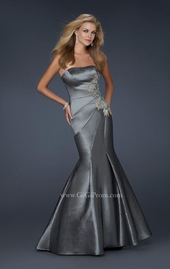 Picture of: Long Mermaid Taffeta Gown with Hip Embellishment in SIlver, Style: 17234, Main Picture