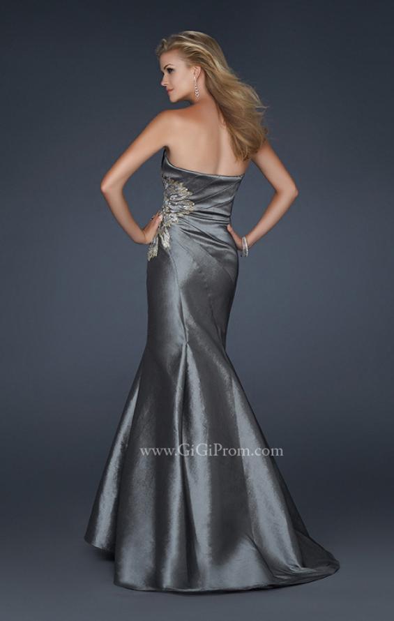 Picture of: Long Mermaid Taffeta Gown with Hip Embellishment in Silver, Style: 17234, Back Picture