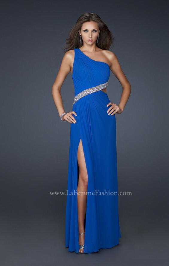 Picture of: One Shoulder Strap Net Dress with Open Back and Beads in Blue, Style: 17445, Main Picture