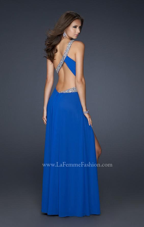 Picture of: One Shoulder Strap Net Dress with Open Back and Beads in Blue, Style: 17445, Back Picture