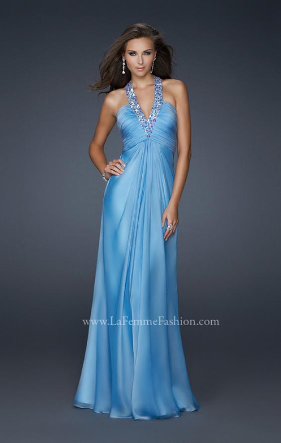 Picture of: Full Length Halter Top Gown with Pleated Bust and Beads in Blue, Style: 17448, Detail Picture 1