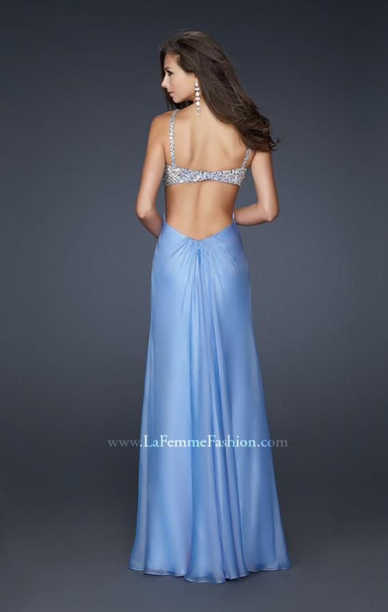 Picture of: Full Length Chiffon Gown with Beaded Bra Shaped Top in Blue, Style: 17472, Back Picture