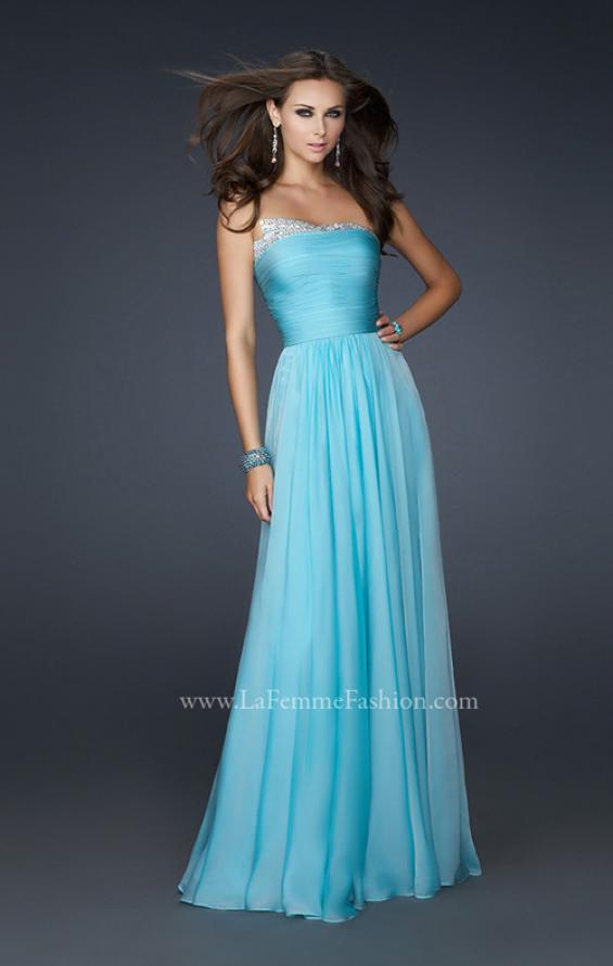 Picture of: Chiffon Dress with Pleated Front and Beaded Detail in Blue, Style: 17475, Detail Picture 1