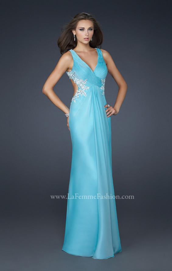 Picture of: Chiffon V Neck Prom Dress with Lace and Beaded Detail in Blue, Style: 17520, Detail Picture 1