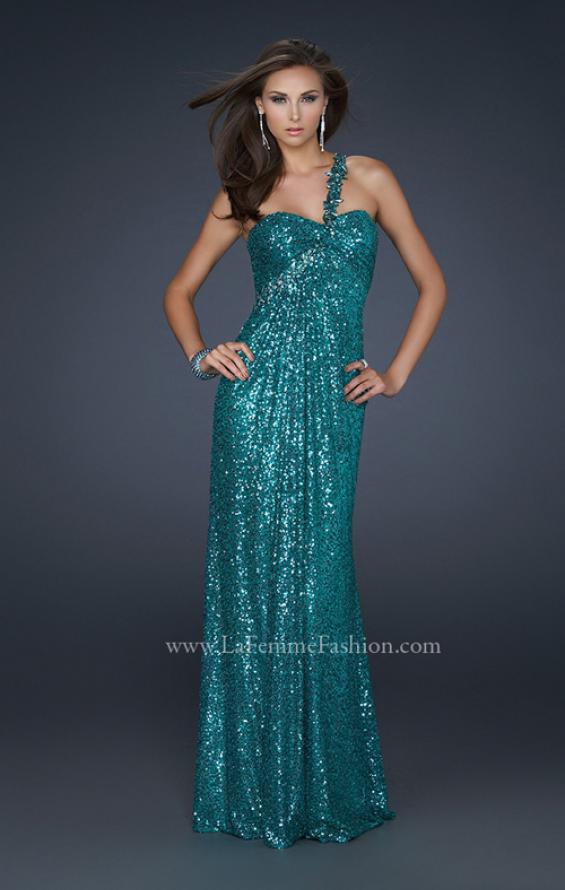 Picture of: Full Length Sequin V Neck Prom Gown with Ruching in Green, Style: 17697, Detail Picture 1