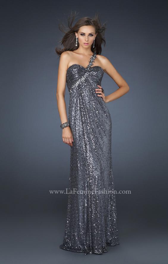 Picture of: Full Length Sequin V Neck Prom Gown with Ruching in Silver, Style: 17697, Detail Picture 2