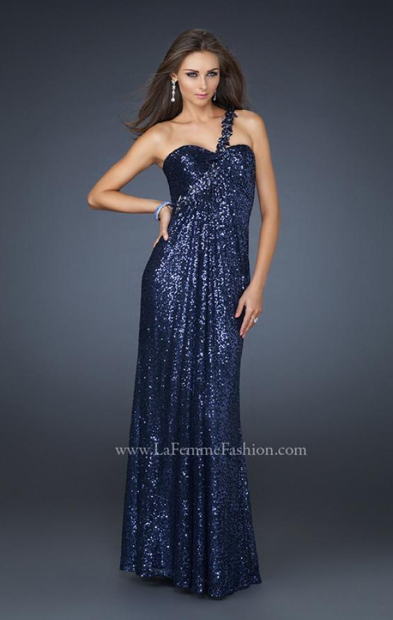 Picture of: Full Length Sequin V Neck Prom Gown with Ruching in Blue, Style: 17697, Detail Picture 3