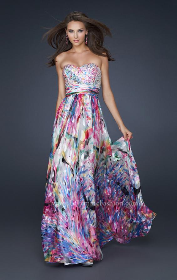 Picture of: Full Length Strapless Silk Burnout Prom Dress in Print, Style: 17735, Main Picture