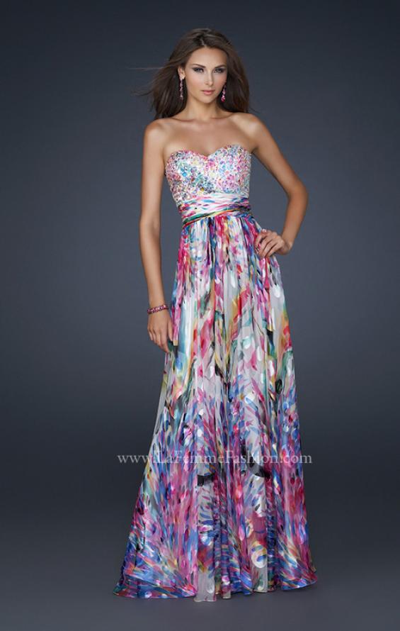 Picture of: Full Length Strapless Silk Burnout Prom Dress in Print, Style: 17735, Detail Picture 1