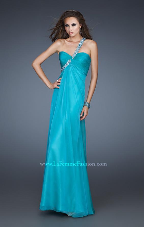 Picture of: Long Chiffon Gown with Embellished One Shoulder Strap in Blue, Style: 17803, Detail Picture 1