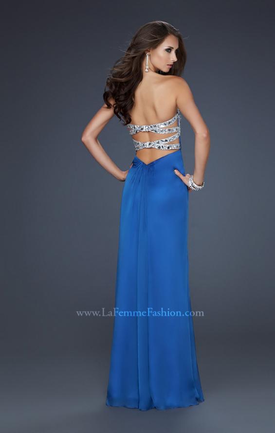 Picture of: Flowing Chiffon Prom Dress with Hand Beaded Top in Blue, Style: 17909, Back Picture