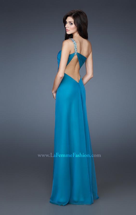 Picture of: Chiffon A-line Dress with Beaded One Shoulder Strap in Blue, Style: 17966, Back Picture