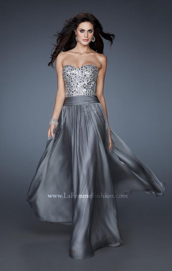 Picture of: Sequined Bodice Prom Dress with Criss Cross Back Straps in Silver, Style: 18026, Main Picture