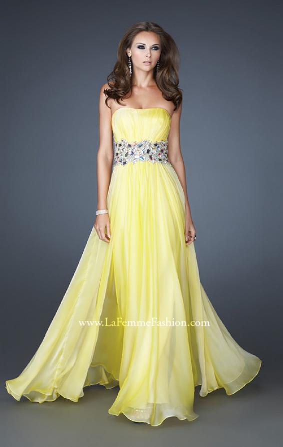Picture of: Strapless Gown with Dramatic Waist and Rhinestones in Yellow, Style: 18123, Detail Picture 3